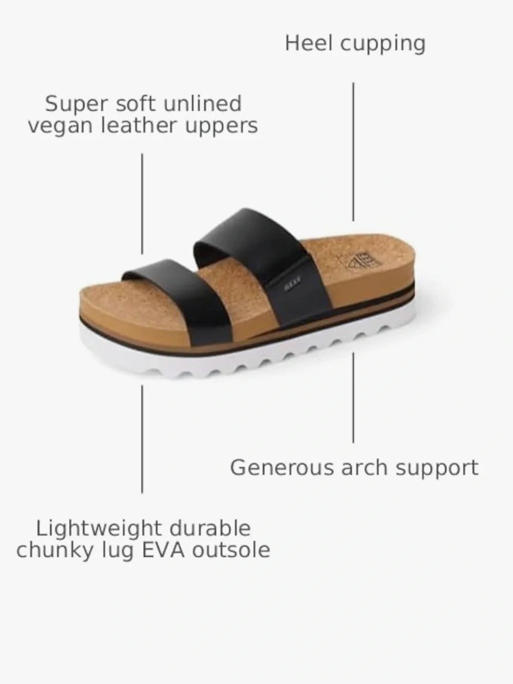 Reef Women’s Black Dual-Strap Cork Slide Sandals with White Outsole,cushion soul
